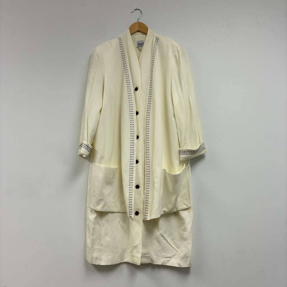 Vintage Kwai Coat Womens 14 White Crepe Collarless Overcoat Embroidered